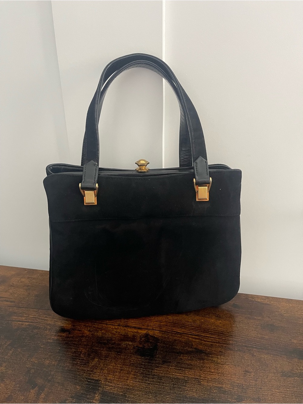 Bags by Varon Vintage Black Suede Top-Handle Satchel with Gold Hardware